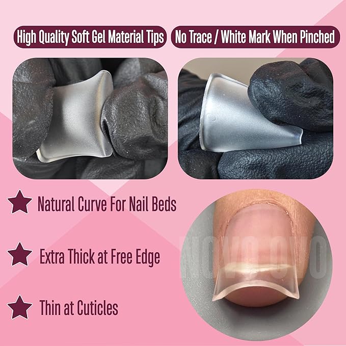 NOVO OVO Upgraded Extra Thick Short Duck Feet Nail Tips Full Cover for Press on Acrylic, Clear Pre-Etched Matter Flare Wide French Soft Gel Fake False Nail Extension Full Coverage x 12 Sizes 360 pcs