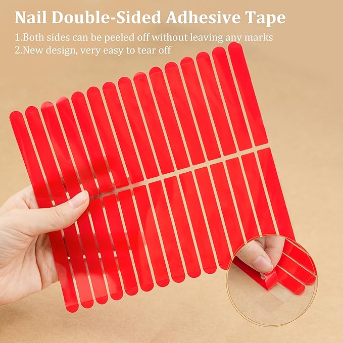 12 Sheets Double Sided Nail Tape for Press on Nails, Clear Adhesive Mounting Tapes for Nail Packaging Nail Design Salon Supplies Colors Designs Showcase (Red)