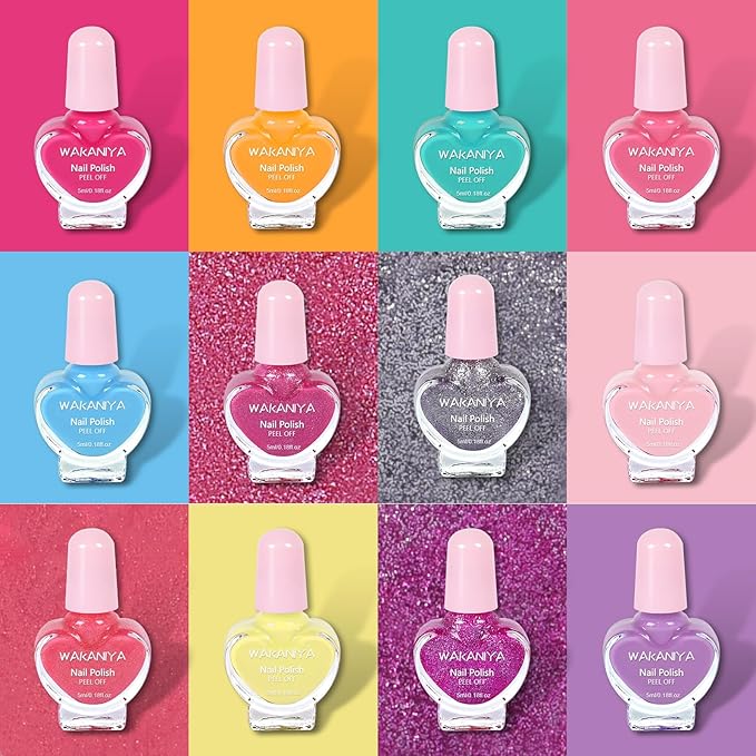 wakaniya Kids Nail Polish Set - Non Toxic, Quick Dry Peel Off Girls Nail Polish 12 Colors with Glitter Stickers and PVC Organizer Bag