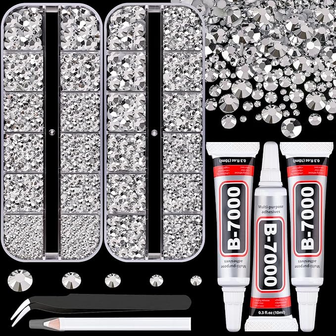 Resin Rhinestones for Crafting with B7000 Jewelry Glue, 2 Boxes Sliver Flatback Crystals with 3Pcs 10ml Glue for Bedazzling Crafts DIY Nail Art Makeup，Non Hotfix Gems for Clothing Shoes