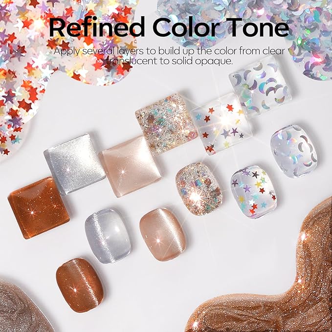 Modelones Gel Nail Polish Set, 6 Colors 2026 Nude Brown Sliver Cat Eye Gel Polish Creative Stars Moon Shape Glitter Nail Polish with Magnet& Wooden Stick All Seasons Soak Off LED Manicure Kit DIY Gift
