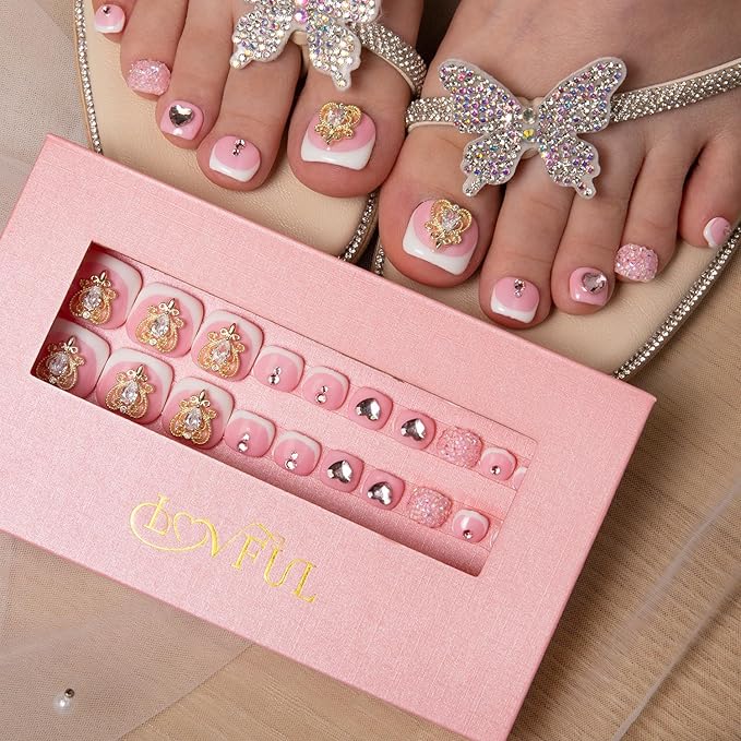 LOVFUL Handmade Acrylic Press on Toenails Sweet Elegance | Salon Quality 20 PCS Free Size Toe Nails | Reusable Fake Nails for Toe | T34