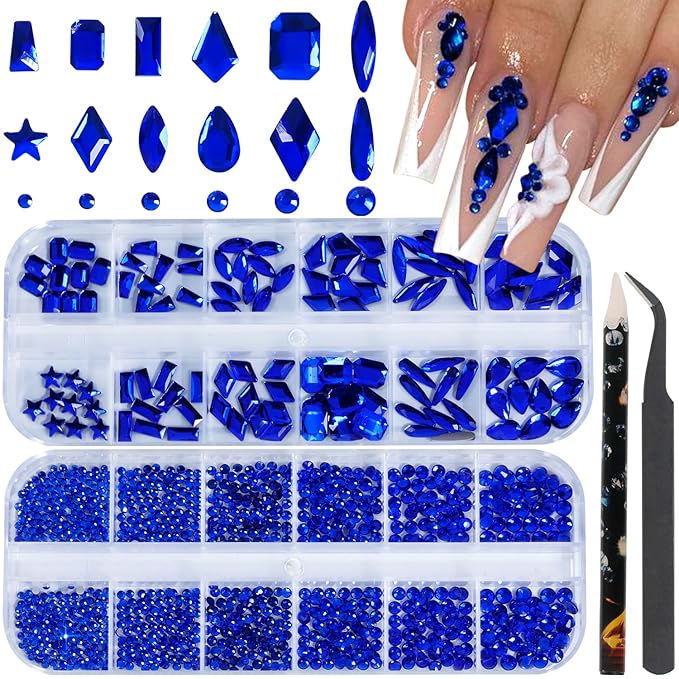 HNUIX Nail Rhinestones - 3D Multi Shape Size, Blue Nail Gems, Flat Back, with Kit, for Nail Art, DIY Decorations