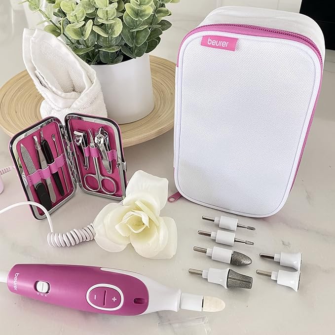 Beurer MP44 Professional Manicure and Pedicure Nail Drill Set, E-File with 7 attachments, LED Light, Electric Nail File with Additional Manual Nail kit, Pink