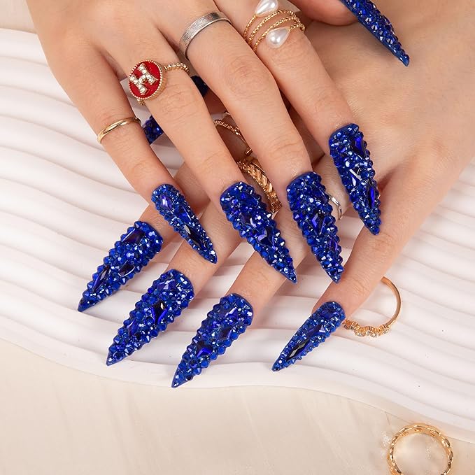 LOVFUL Press on Nails Deep Sea Classic Rhinestone | Handmade with Full Covered Crystals | Reusable Full Cover Nails | Stiletto Mid Length 1.7 in | H75-M
