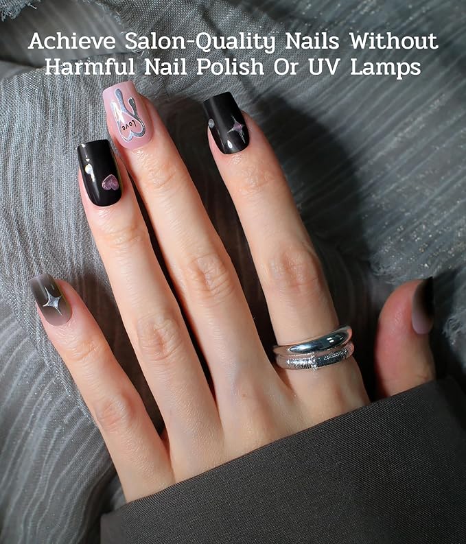 Nail Polish Strips (No UV Lamp Needed) - 22 Pcs Salon Quality Gel Nail Stickers - Long Lasting Wraps (Heartbeat on Black)