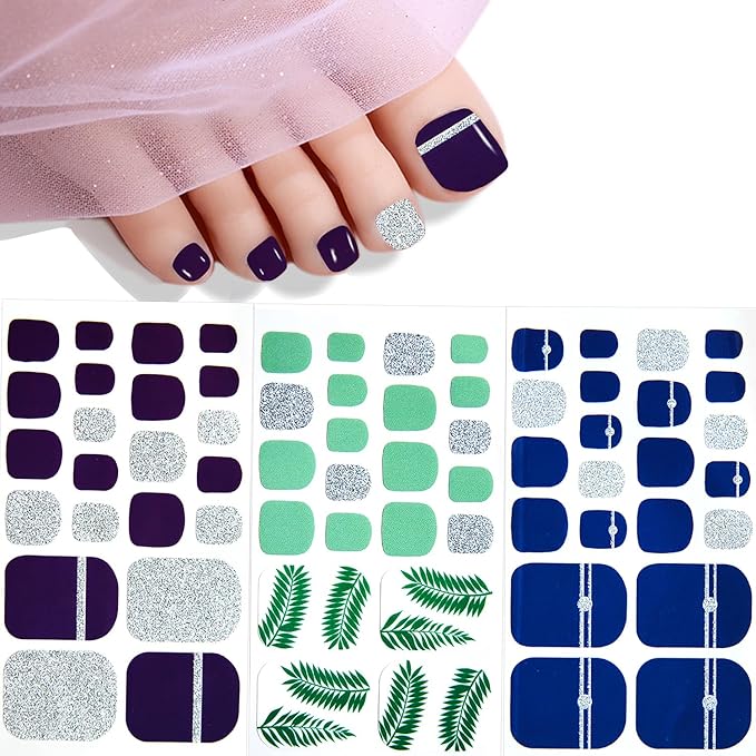 JERCLITY 440 Pieces 20 Sheets Toe Nail Stickers Full Nail Wraps Self-Adhesive Glitter Toenail Polish Strips Full Nail Stickers Nail Art Decals Strips with Nail File for Women Girls Kids（Cool Colors）