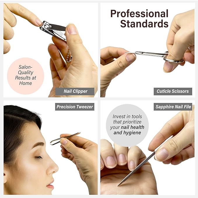 Solingen Manicure & Pedicure Set, Men Women Finger and Toe Nail Clippers Set Professional Manicure Pedicure Kit, Stainless Stell, Eyebrow Tweezers, Scissors, Sapphire Nail File with Travel Case