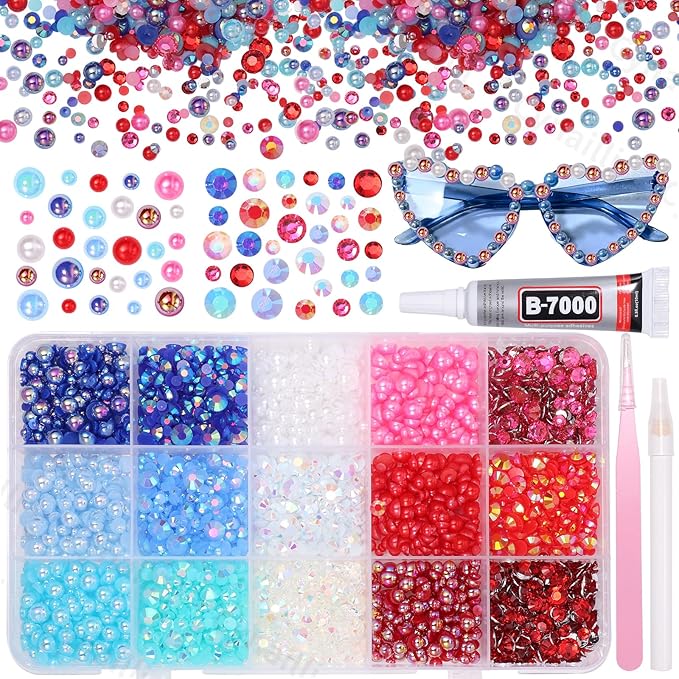 15 Grids Pearls and Resin Rhinestones for Crafting, Red Blue White Bedazzling Gems Kit, Jelly Resin Rhinestones Pearls for Nails Face Eyes Makeup Crafts Tumblers Bottles