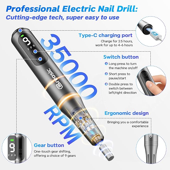 Electric Nail Drill Professional 35000RPM,Rechargeable Electric Nail File Cordless with 9-Speed & LED Display,12-in-1 Portable Manicure Pedicure kit for Acrylic Gel Dip Powder Nails (Gray)