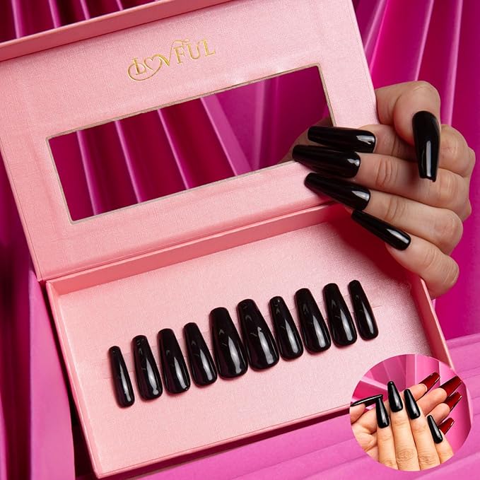 LOVFUL Press on Nails Red Sole Black Red | Handmade with Full Covered Crystals | Reusable Full Cover Nails | Coffin Classic Regular 1.3 in | H22-S