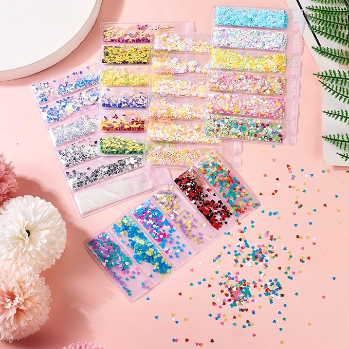 FASHEWELRY 5 Bags Nail Art Glitter Sequins Colorful Sparkle Moon Heart Round Nail Sequin 3D Glitter Flakes Nail Supplies for Women Girls Manicure Decorations Accessories