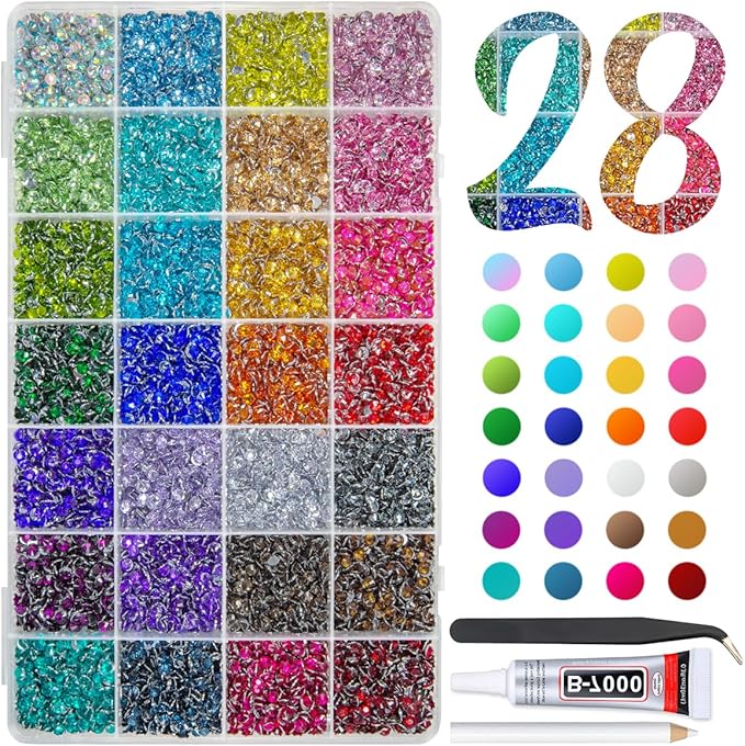 28 Color 4mm Crystal Resin Rhinestones w B7000 Glue for Bedazzling Crafting SS16 Flatback Colorful Stones Crystals Gems Diamonds Bedaazler Kit for Nails Eyes Face Makeup Tumblers Bottles Crafts