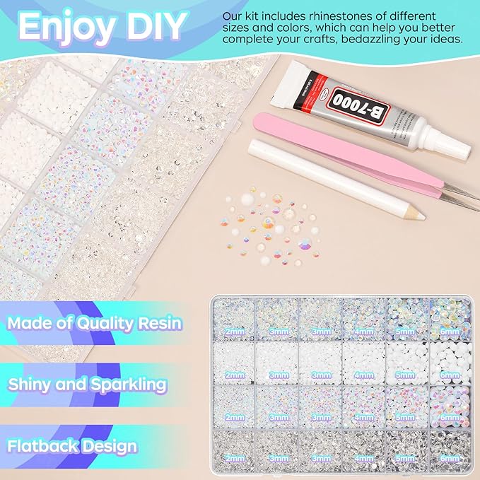 26000PCS White Resin Flatback Rhinestones for Crafting, Resin Rhinestones for Bedazzling Kit, 2/3/4/5/6mm Flatback Gems Jewels for DIY Mugs Tumblers Clothing Shoes Nail Art