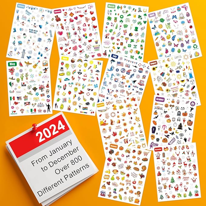 12 Months All Holiday Nail Stickers, 24 Sheets Seasonal Variety Pack 2 Pcs Per Month DIY Nail Art, Self-Adhesive Pegatinas Uñas for a Year of Halloween Christmas Thanksgiving&Valentine’s Day