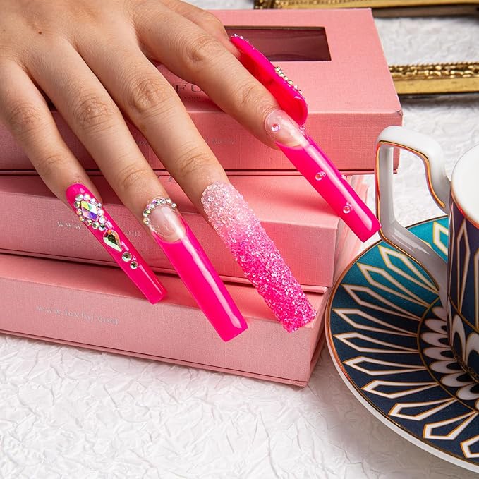 LOVFUL Press on Nails Pink Typhoon Square | Glitter Pink Fake Nails | Princess Nails | Stick on Nails | Square Long 2.2 in | H38 (M)