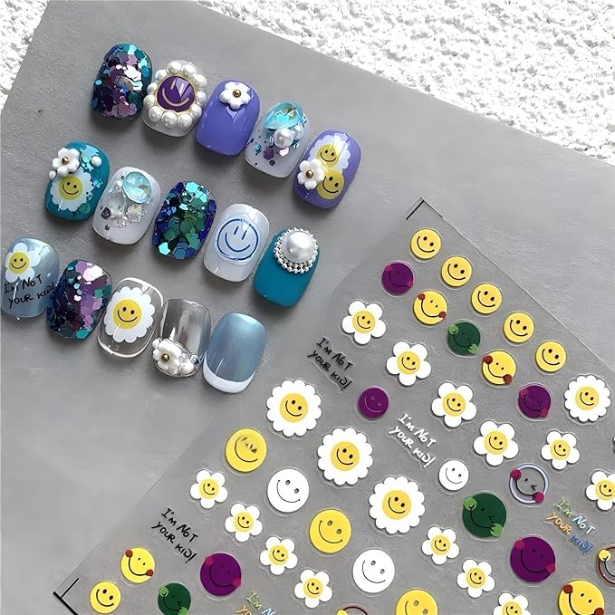 Dedyel Smile Nail Art Stickers Cute Nail Stickers Cartoon Nail Stickers 5D Embossed Smile Face Nail Stickers Kawaii Self-Adhesive Nail Stickers for Women Girls Kids Nail Art Decoration