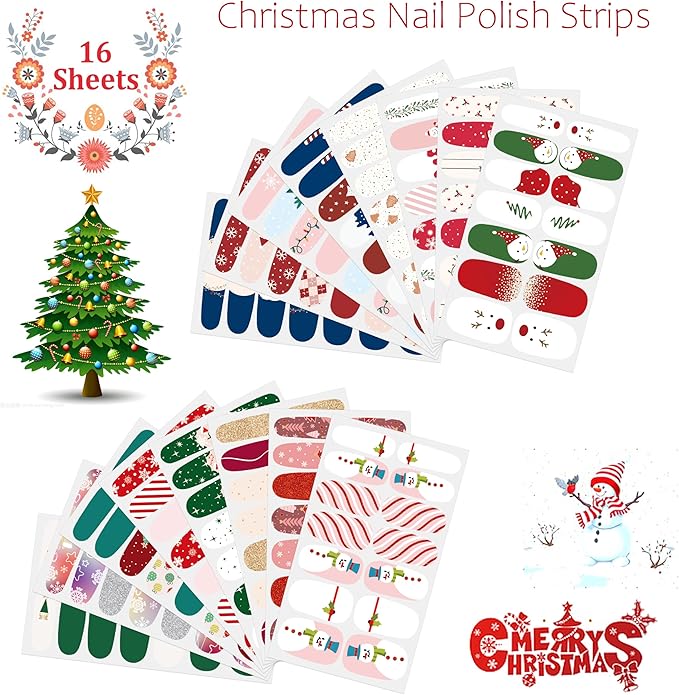 JERCLITY 224 Pieces 16 Sheets Christmas Nail Polish Strips Christmas Nail Wraps for Short Nails Christmas Tree Snowflake Snowman Gel Nail Strips Self-Adhesive Nail Stickers Full Nail Wraps for Women