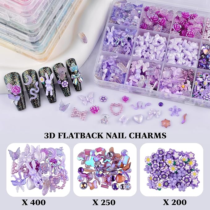 850 Pieces 3D Butterfly Rose Flower Bow Rabbit Bear Nail Charms Kit with Nail Art Rhinestones Pearls Crystal Gems Nail Slices for Manicure DIY Crafts Jewelry Accessories (Purple)