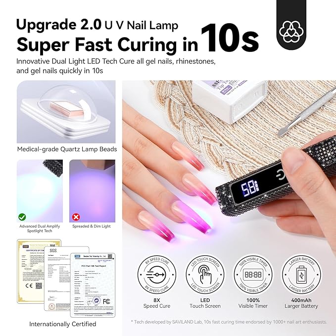 SAVILAND Black U V Light for Gel Nails: Handheld 12W 8X Speed Nail Flash Cure Lamp with Dual Timer & Touch Screen & LCD Display Screen Portable 400 mAh LED Flash Cure Light Nail Art Home