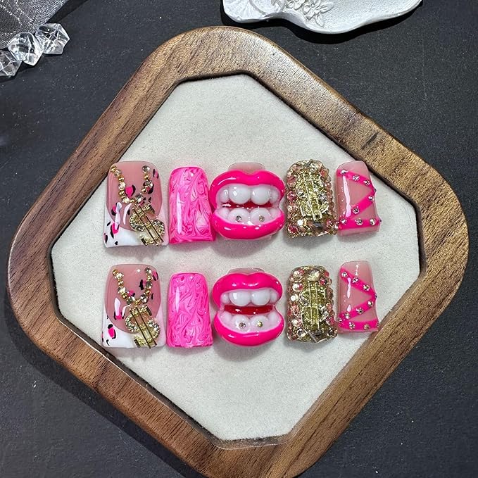 10Pcs Handmade Press on Nails Short Duck Fake Nails with 3D Flaming Red Lips Rhinestone Design Funny Multi-Layer Acrylic False Nails Handmade Duck Nails Press ons Reusable Stick on Nail for Women (M)