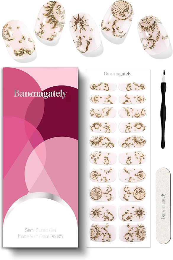Semi Cured Gel Nail Strips, 20Pcs Long Lasting Salon Quality Wraps, Easy Apply & Remove Gel Nail Stickers with UV Light (Gilded Nude Cosmos)
