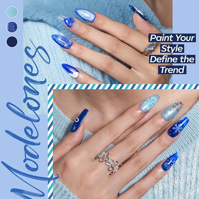 modelones Blue Gel Nail Polish Set, 6 Colors Cat Eye Glitter Color Changing Chameleon Gel Polish Kit with Magnet Snow Stickers Soak Off Led Nail Art Manicure Salon DIY Holiday Gifts