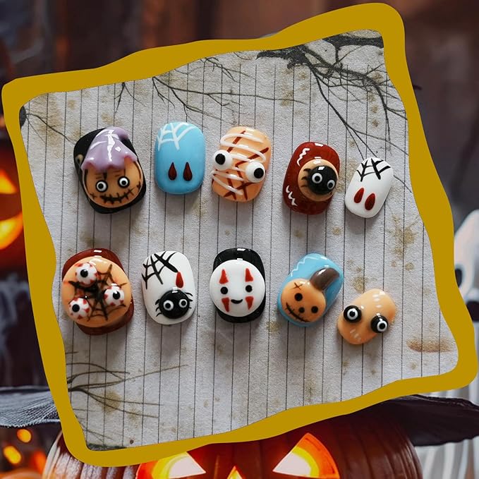 Nightmare Before Christmas Press on Nails Kawaii Ghost Handmade Fake Nails 3D Embossed Colorful Cute Cartoon Short Nails for Women and Girls (Cute Ghost Party,M)