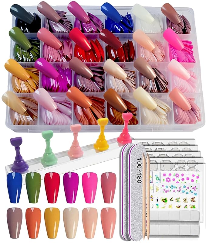 576 Pcs Medium Coffin Press on Nails, 24 Colors Glossy False Nails Full Cover Fake Nail Tips with 5 Nail Stands & 30 Nail Stickers for DIY Nail Art Practice & Daily Wear