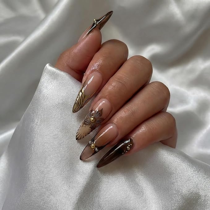 Almond Press on Nails Long Fake Nails Seeneey Brown Artificial Nail Gold Charm and 3D Flowers Designs Tortoise Shell Stick on Nail for Women 24pcs