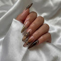 Almond Press on Nails Long Fake Nails Seeneey Brown Artificial Nail Gold Charm and 3D Flowers Designs Tortoise Shell Stick on Nail for Women 24pcs