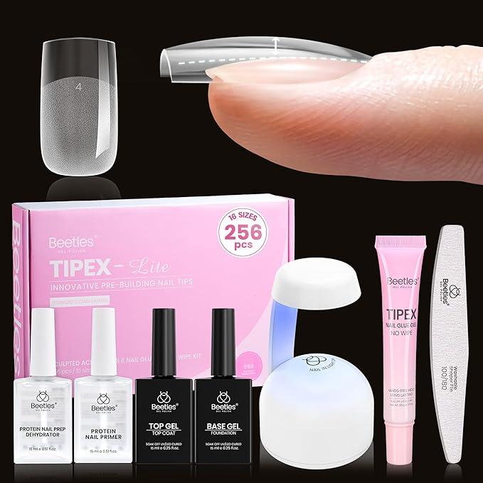 Beetles Tipex Lite Nail Tips Kit with Dehydrator & Primer, Short Square Full Cover Clear Nails 256PCS 16 Sizes, Mini UV Lamp, 20g Solid Nail Glue, Base & Top Coat, All-in-One Nail Starter Kit