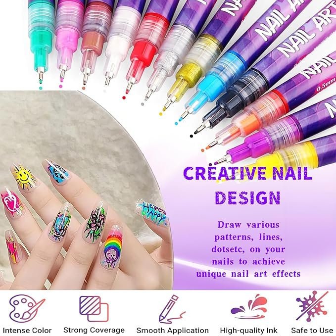 Nail Art Pens Set 12 Colors Nail Art Markers, Polish Pen for 3D Nail Art, Drawing Painting Liner Brush for DIY Nail Art Beauty Adorn Manicure Tool (N1)