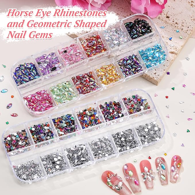 12 Boxes Nail Rhinestones Gems Kit,Gold/Silver Metal Studs,Mixed Sizes Flatback Crystals Rhinestones,Half Pearls,Sequins,Foil Flakes with Tweezers & Dotting Tools for DIY Manicure