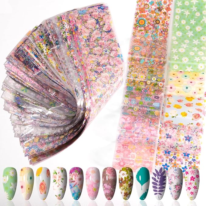 DANNEASY 300 Sheets Holographic Nail Foils Film, Iridescent Nail Art Transfer Foil Stickers Flower Leaf Foil Paper Sheets Starry Sky Star Design Sticker for Nails Decoration Supplies