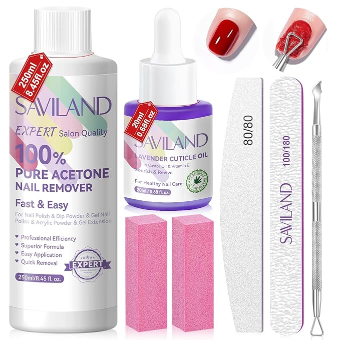 SAVILAND Pure Acetone Nail Polish Remover Kit: 8.45 oz Fingernail Gel Polish Remover Kit with Cuticle Oil, Buffer, Files and Scraper Tools for Quick, Gentle Removal of Acrylic Dip Powder & Gel Nails