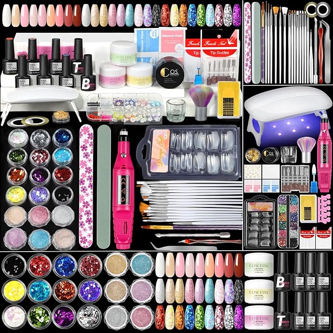 COSCELIA Acrylic Nail Kit for Beginners with Everything Professional Acrylics Powder 6pcs Gel Nail Polish 18pcs Glitter Decoration Powder Nails Kit Acrylic Set with Drill Light Gifts for Women