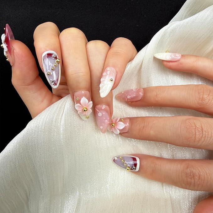 Luxury Press on Nails, Medium Almond 3D Handmade Nails, Reusable French Tip False Nails, Pink Flower Metal, Thick Acrylic ABS Nail Art (10PCS-S)