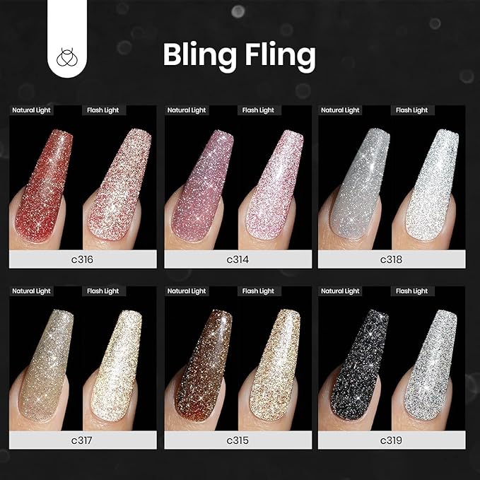 Beetles Glitter Gel Nail Polish, 6 Colors Holographic Sparkle Glitter Gel Polish Flash Diamond Sliver Gold Red Black UV LED Soak Off Manicure Gift for Women