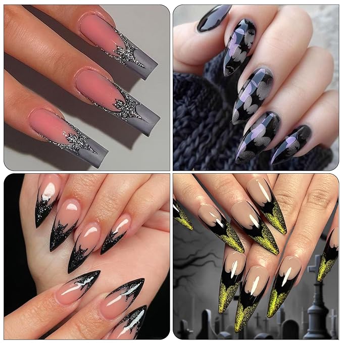 Halloween Bat Nail Stickers, Glitter Golden & Silver French Smile Bat Self-Adhesive Nail Art Decals for DIY Manicure (4 Sheets)