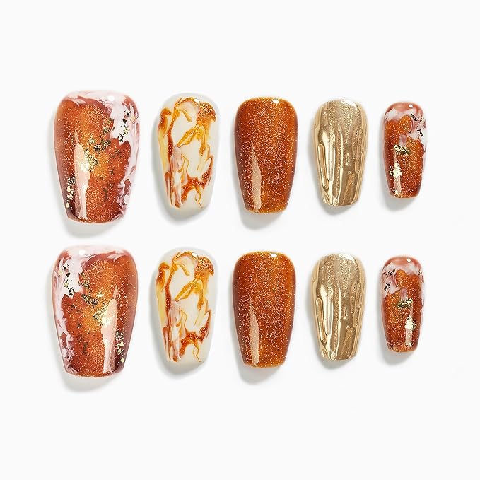 Sun&Beam Nails Handmade Press-on Short Coffin Ballerina Brown Gold White Amber Gradients Design False Nail Tips 10 Pcs (#134 L)