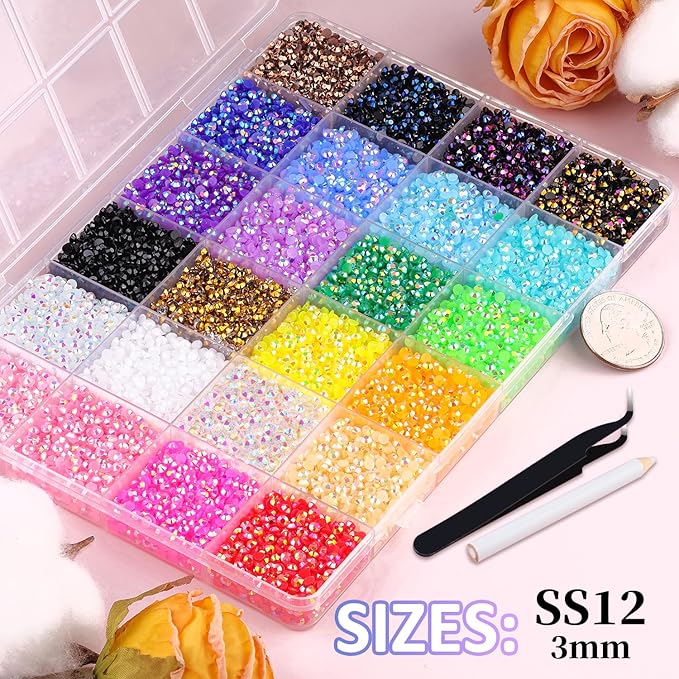 32000Pcs Resin Rhinestones for Crafting with Tweezers, Mixed-Color 3mm Non Hotfix Flatback Gems, Bedazzling Crystal for DIY Crafts Clothing Tumblers Mugs Shoes Fabric Decor Nail Art Makeup
