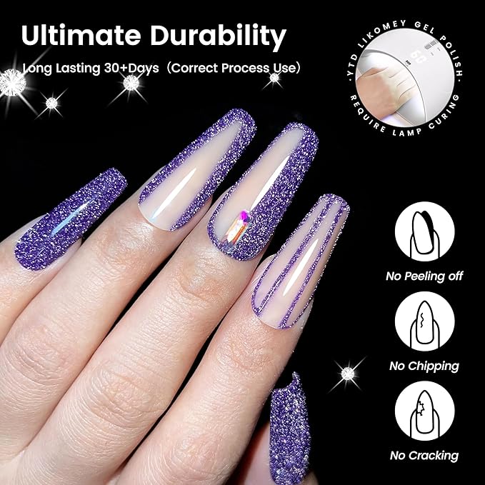 YTD Likomey Reflective Glitter Gel Nail Polish,15ml Lavender Purple Flash Diamond Shimmer Gel,Sparkly Shiny Salon Home Manicure Fall Winter UV Varnish,SZ015