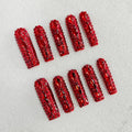 Extra Long Press on Nails Handmade Square Fake Nails Sparkly Red Rhinestones Full Cover False Nails with Designs Luxury Reusable Artificial Stick on Nail for Women Manicure 10Pcs(Size M)