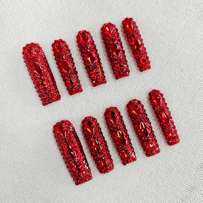 Extra Long Press on Nails Handmade Square Fake Nails Sparkly Red Rhinestones Full Cover False Nails with Designs Luxury Reusable Artificial Stick on Nail for Women Manicure 10Pcs(Size M)