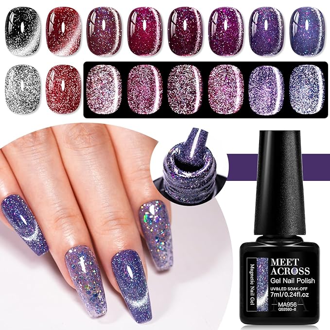 MEET ACROSS 9Pcs Cat Eye Gel Nail Polish Set Glitter Purple Red Black Magnetic Gel Polish Kit with Magnet, Soak Off UV/LED Cateye Nail Polish DIY Manicure Kit 8 Colors