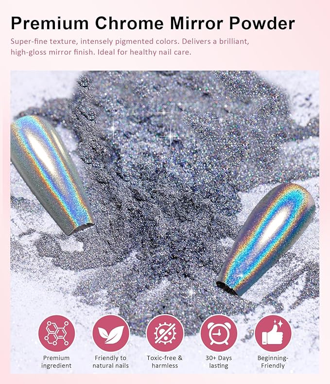 Gold Chrome Nail Powder - Sparkly Laser Holographic Nail Powder Metallic Mirror Effect Silver Nail Chrome POwder, White Pearl Pigment Holo Iridescent Glitter Dust Kit, Nail Art Decoration