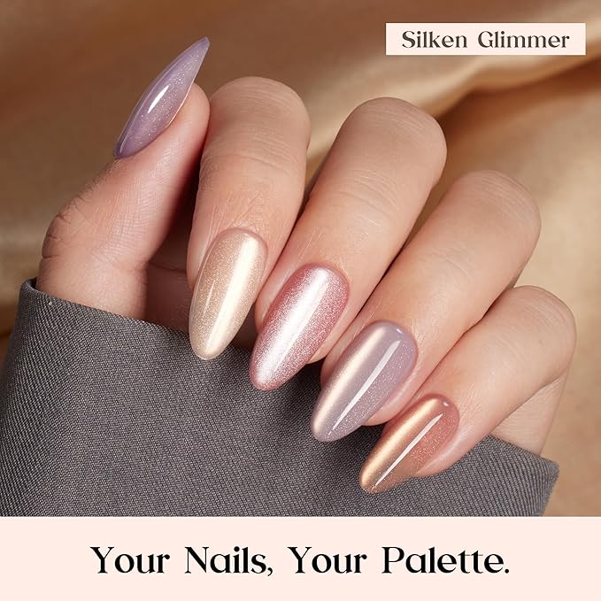 Beetles X Press Cat Eye Nails Kit - 7 Colors Nude Cat Eye Press On Nails Medium Almond | 224Pcs 16 Sizes All-in-One Kit With Nail Glue,Remover,Builder Top Coat,Nail Lamp Gift For Women