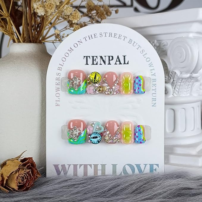 V-Shape French Tips Square Nails,Acrylic Press on Nails with 10pcs Kit,Sweet Edgy Y2K Hand-Painted Art False Nails,Neon Yellow-Green Fake Nails with 3D Stars, Hearts, Rhinestones Flowers(L)