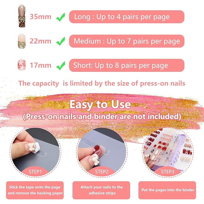 KEIFIN 6 PCS Blank Refill Sheets for Press On Nail Storage Organizer Binder A5 Plastic Insert Pages for Fake Nail Swatch Container Book Polish Color Display Holder with 60 Pcs Tape Strips (CLEAR)